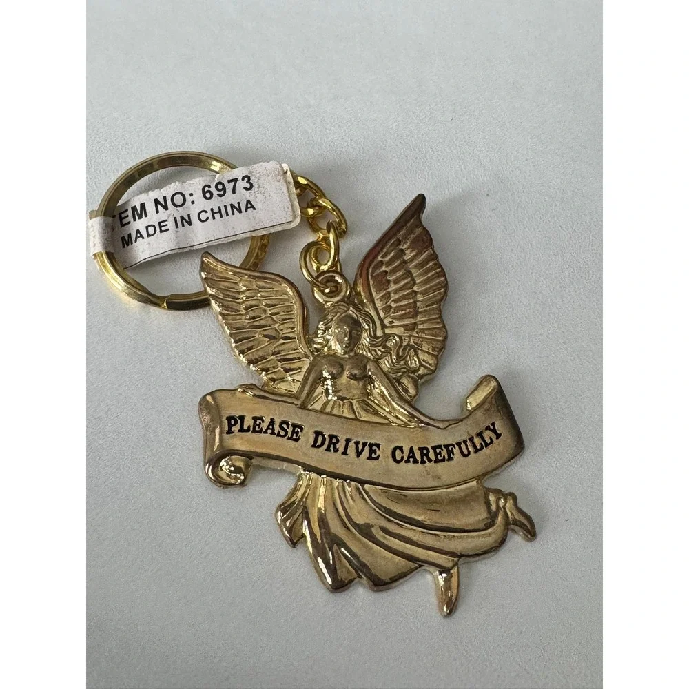 2003 Guardian Angel Keychain Gold Tone Please Drive Carefully‎ Charm 6973 NEW